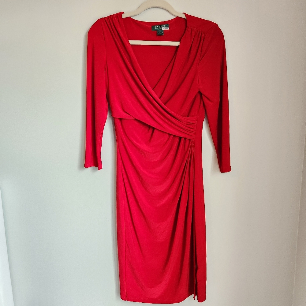 Lauren Ralph Lauren Size 8 Red Faux Wrap Long Sleeve Dress Knee Length Stretchy